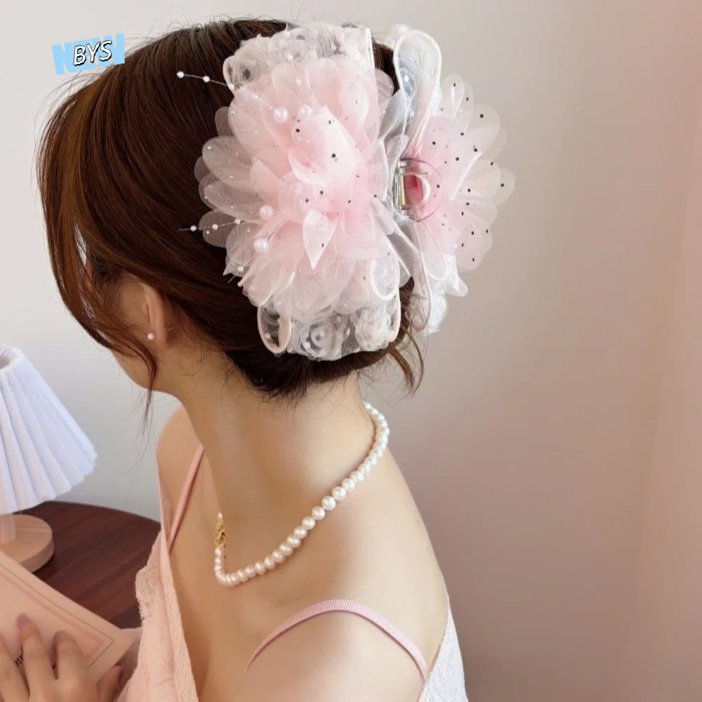 

Trendy Sweet Rose Flower Hair Claw Volumizing Large Size Beaded Tassel Jaw Clips Shark Clip Elegant Hair Accessories Party