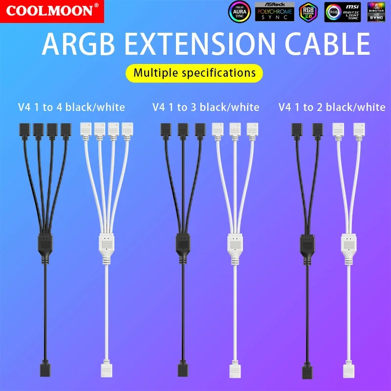 COOLMOON Gen 2 ARGB Splitter 5V 3 Pin 1 to 4/3/2 Universal Mainboard ARGB Extension Cable with Adapter Pin For Mainboard DIY