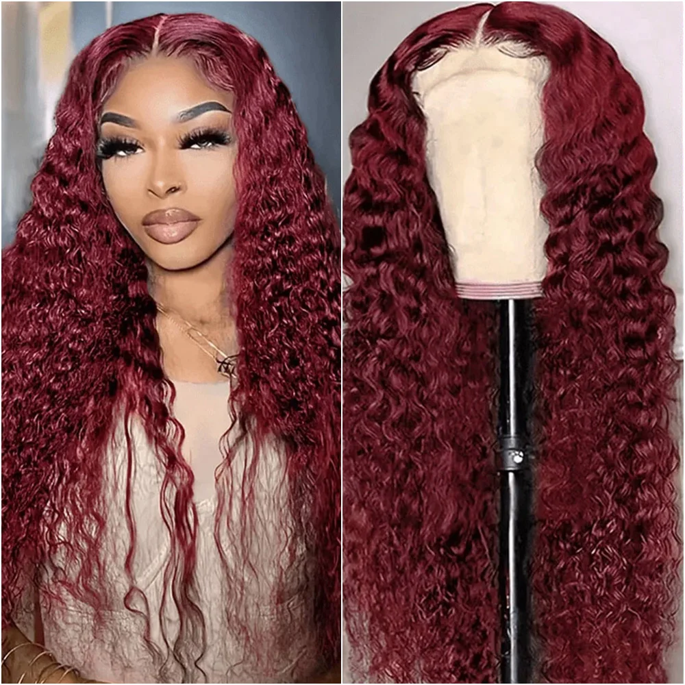 

40 Inch 99J Burgundy Curly Wig 13x6 HD Transparent Lace Frontal 100% Human Hair Wig for Women 13x4 Red Colored Lace Frontal Wigs
