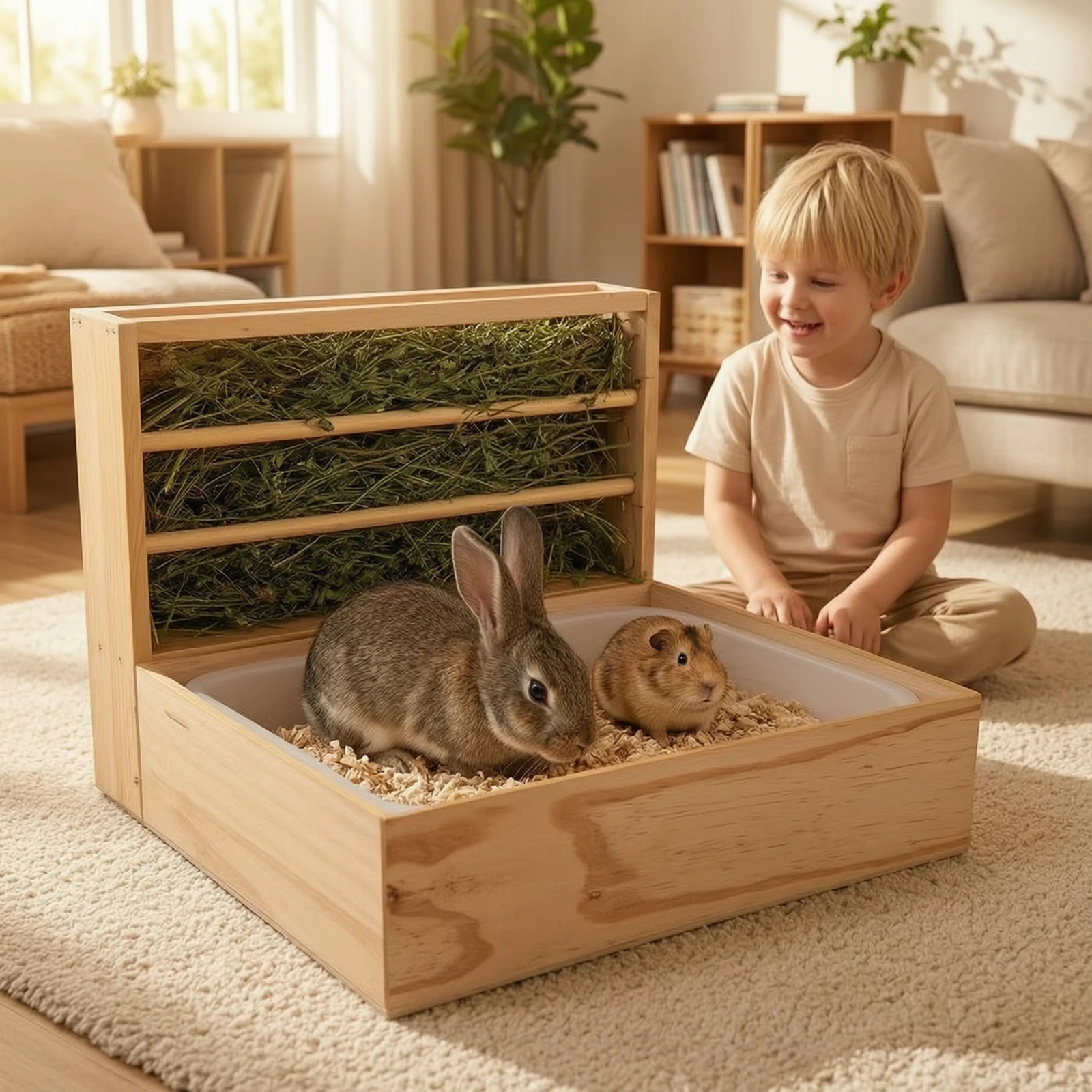 Wooden Hay Feeder with Tray Natural Wood Rabbit Hay Feeder Grass Manger Rectangular Animal Supplies Non for Rabbits, Cages