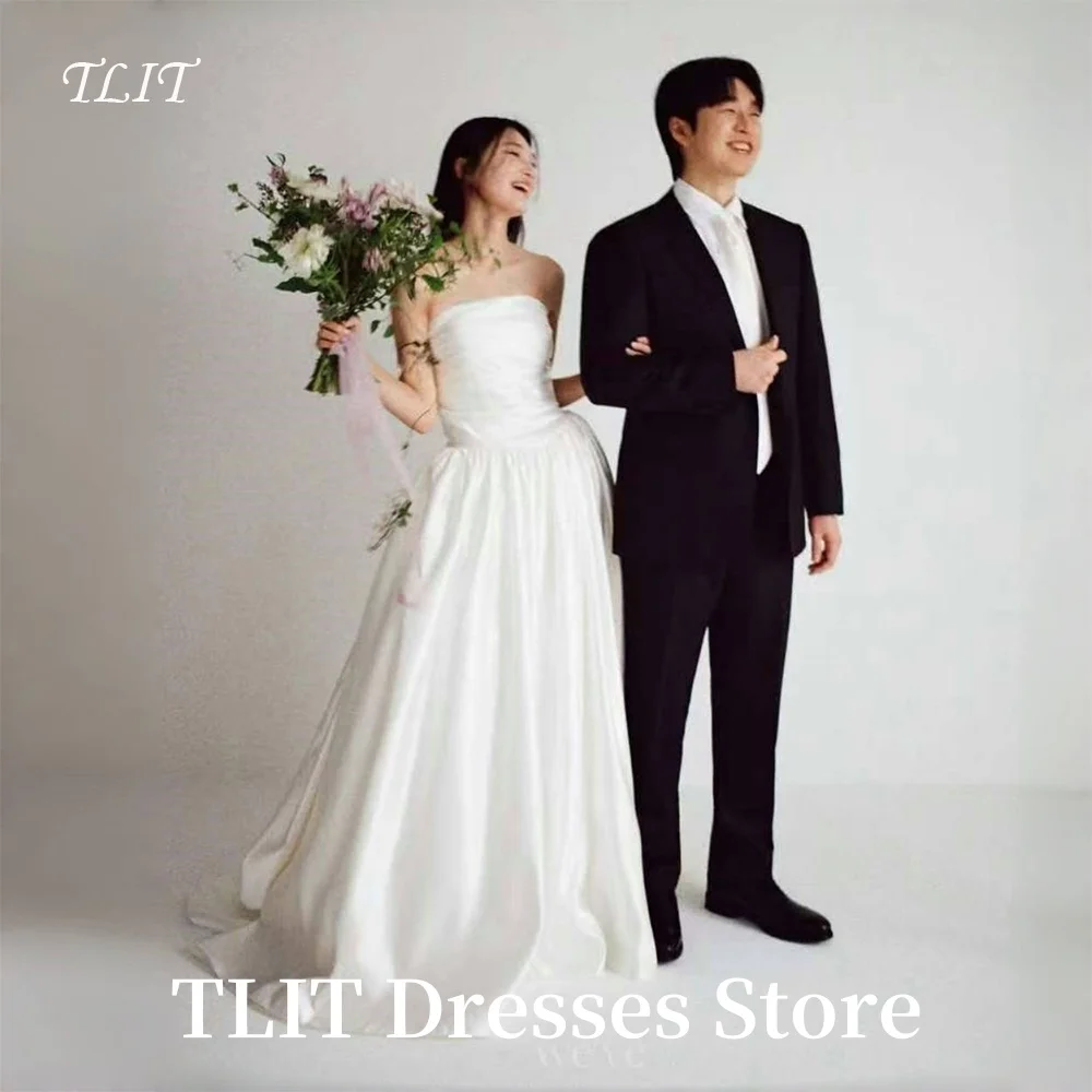 

TLIT Simple Strapless Soft Satin Wedding Dresses Korea Photo shoot Floor Length Bridal Gowns Plus Size Mariage Customized
