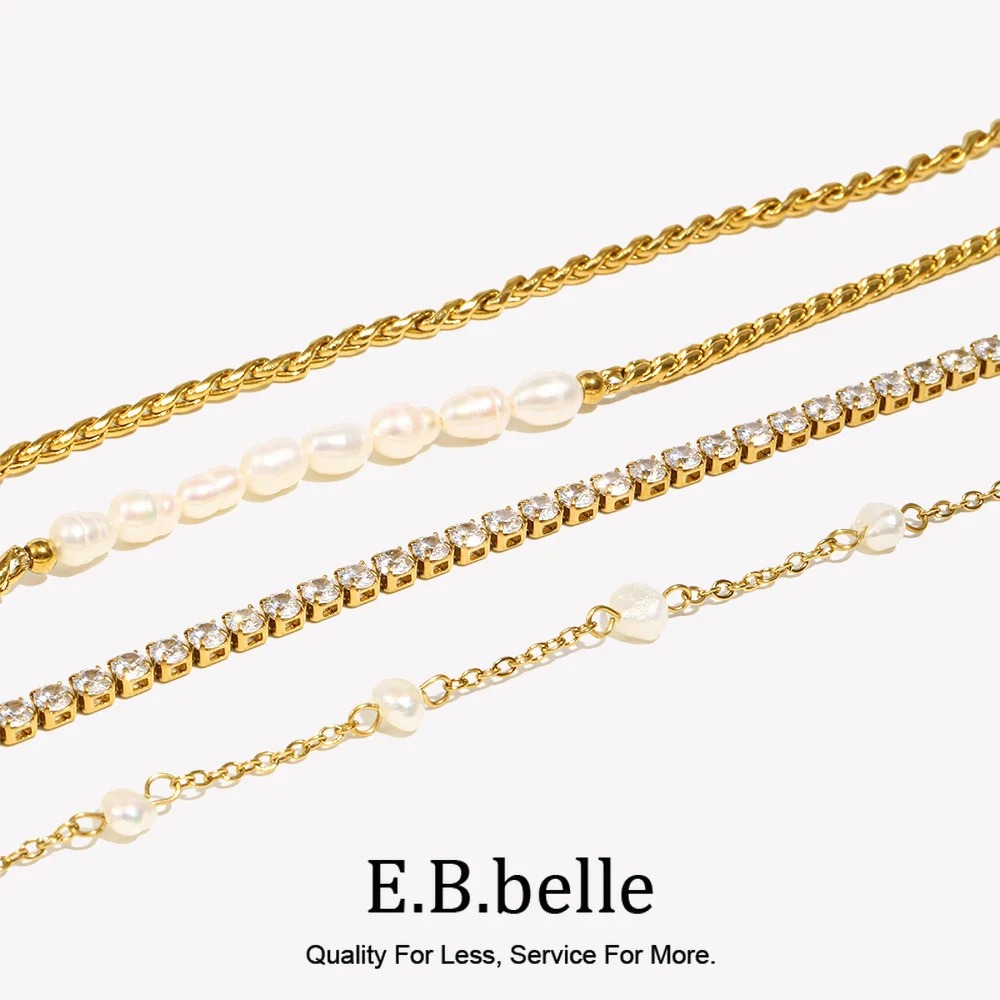 E.B.belle Stainless Steel PVD Plating Waterpoof Rhinestone Zircon Freshwater Pearl Rope Chain Gold Color Anklets For Women