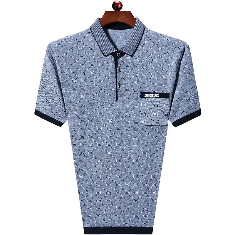 2023 Summer New Loose Oversized Men\'s Clothing Lapel Spliced Button Solid Color Printed Fashion Casual Short Sleeve Polo Shirt