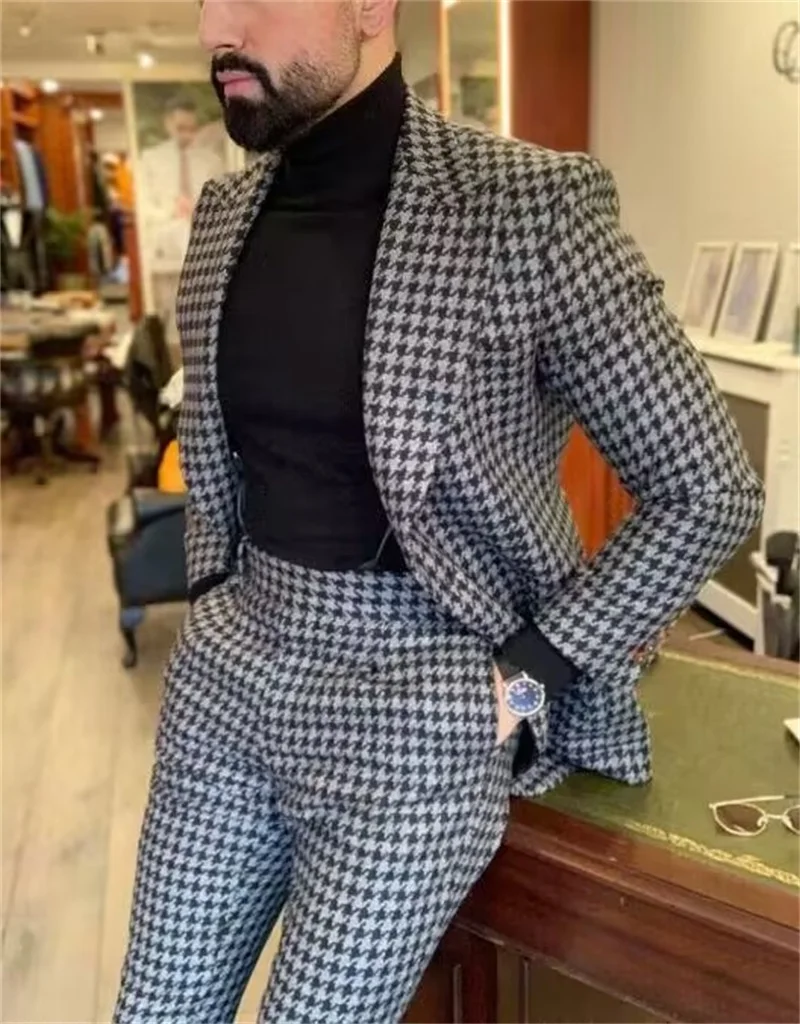 Winter Houndstooth Mannen Suits Blazer + Broek Set Grey Formele Bruiloft Bruidegom Tuxedos Maatwerk 2 Piecesthick Jas Jas outfit