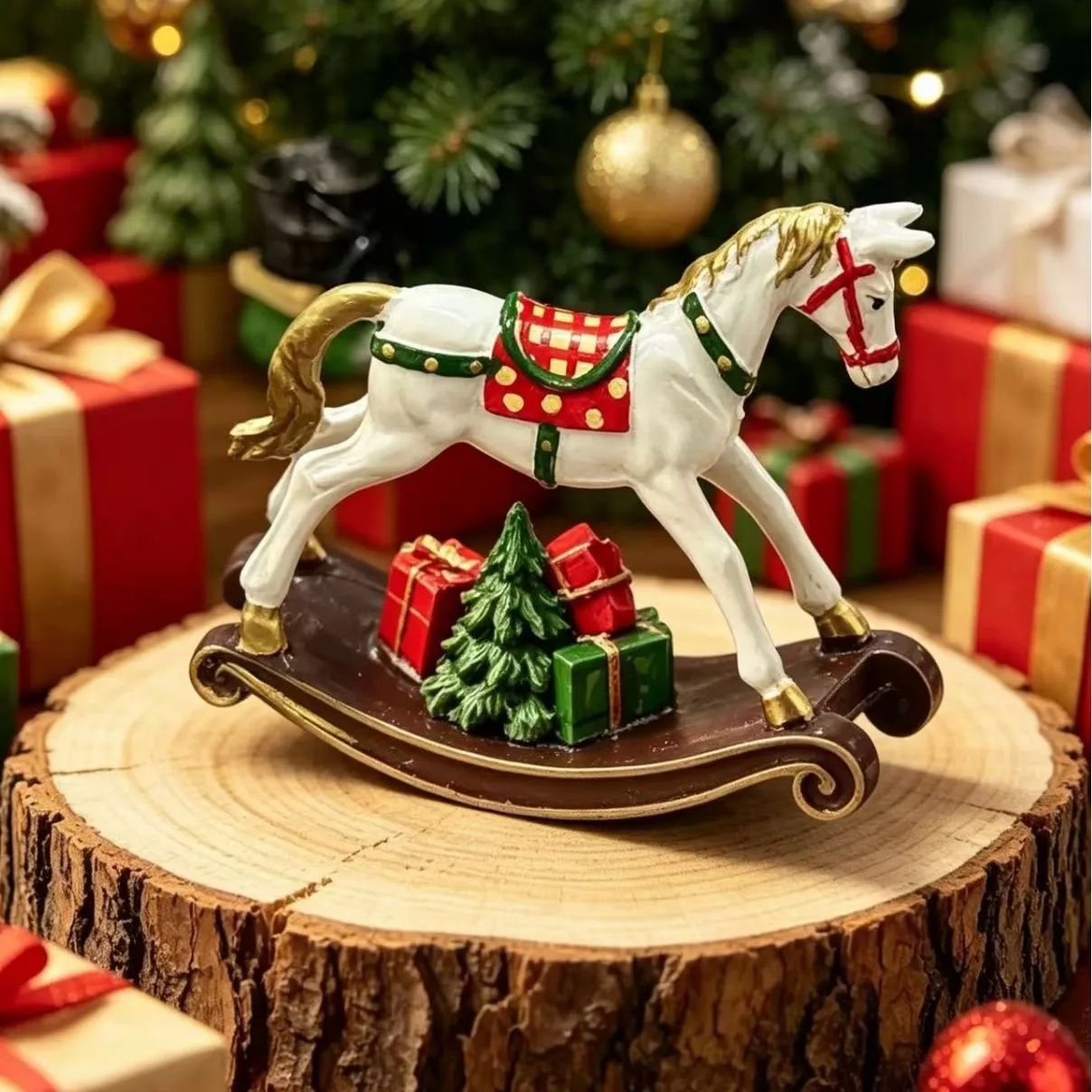 Retro Christmas Resin Rocking Horse Statue Red Hand‑Painted Figurine with Mini Christmas Tree Home Decoration Xmas Holiday Gift