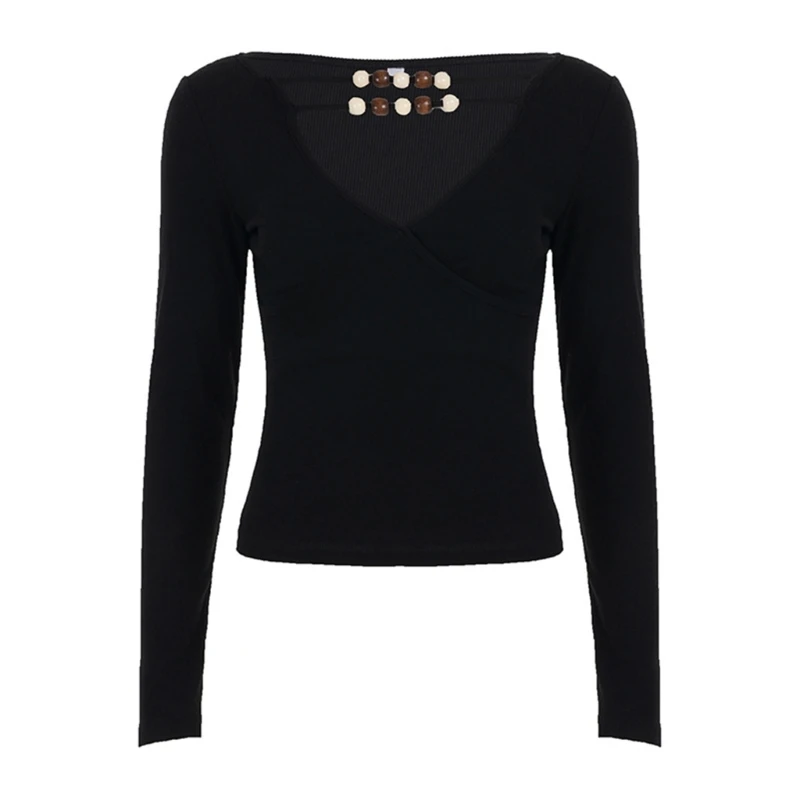 

HX6F Womens Long Sleeve Knitted T-Shirt V Neck Beaded Accents Daily Wear Pullover Top