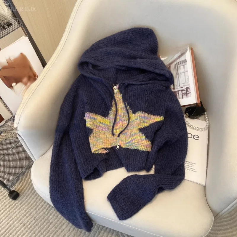 Zipper Women Sweaters Contrast Color Stars Hooded Autumn Winter Short Pullovers Vintage Korean Fashion Pull Femme