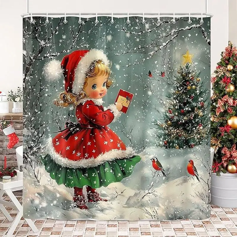 VIKAMA Christmas Deer Snowflake Shower Curtain, Plaid Patchwork Waterproof Bathroom Curtain, Home Bathtub Decor With Hooks