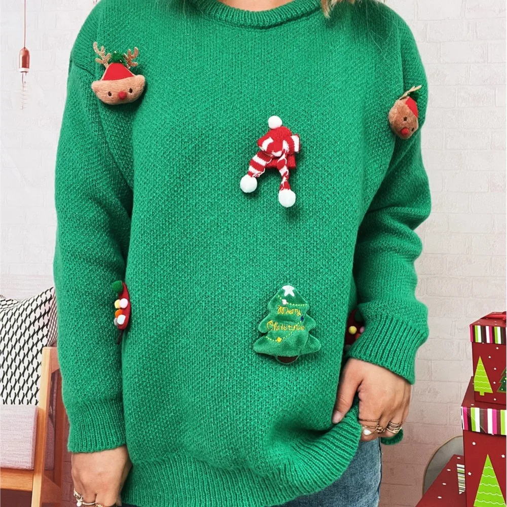

New Christmas Sweater Three-dimensional Pattern Fashion Loose Comfortable Winter Clothes Woman Long Sleeve Knitted Pullover Tops
