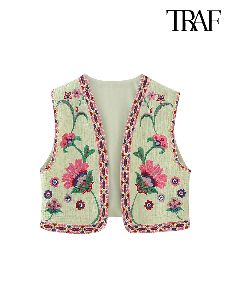 TRAF Women\'s Vintage Ethnic Floral Embroidery Vest Sleeveless Peplum Cardigan Vest Street Fashion Sweet Women\'s Tank Top