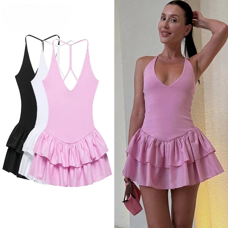 Vestidos femininos 2025 halter rosa mini vestidos chique com decote em v camada babados bainha vestido uma linha vestido de verão senhoras rua festa wear