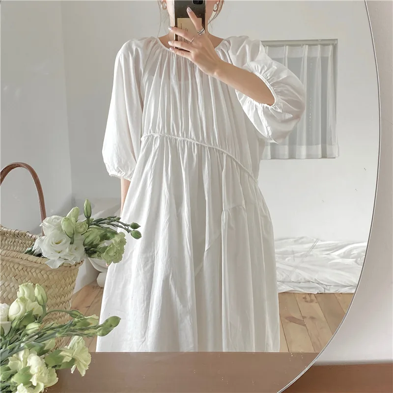 Causal Puff Sleeve Cotton Dress Women Round Neck A-line Long Dresses Loose Birthday Party Dress Korean Fashion Beach Sundress