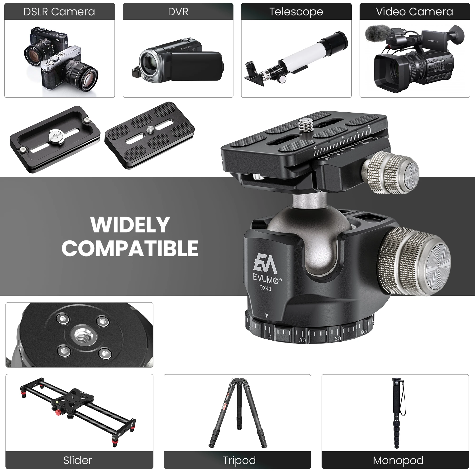 EVUMO Tripod Ball Head Camera Mount 40mm Monopod Head Aluminum Alloy DX40 Arca Swiss Quick Release Plate 1/4\