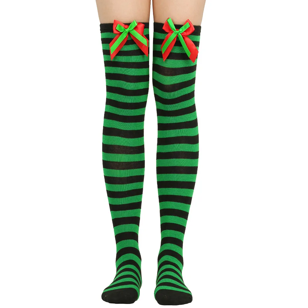 Bow Christmas Long Socks Overknee Socks Ladies Striped Socks High Socks Women Holiday Christmas Striped Stockings