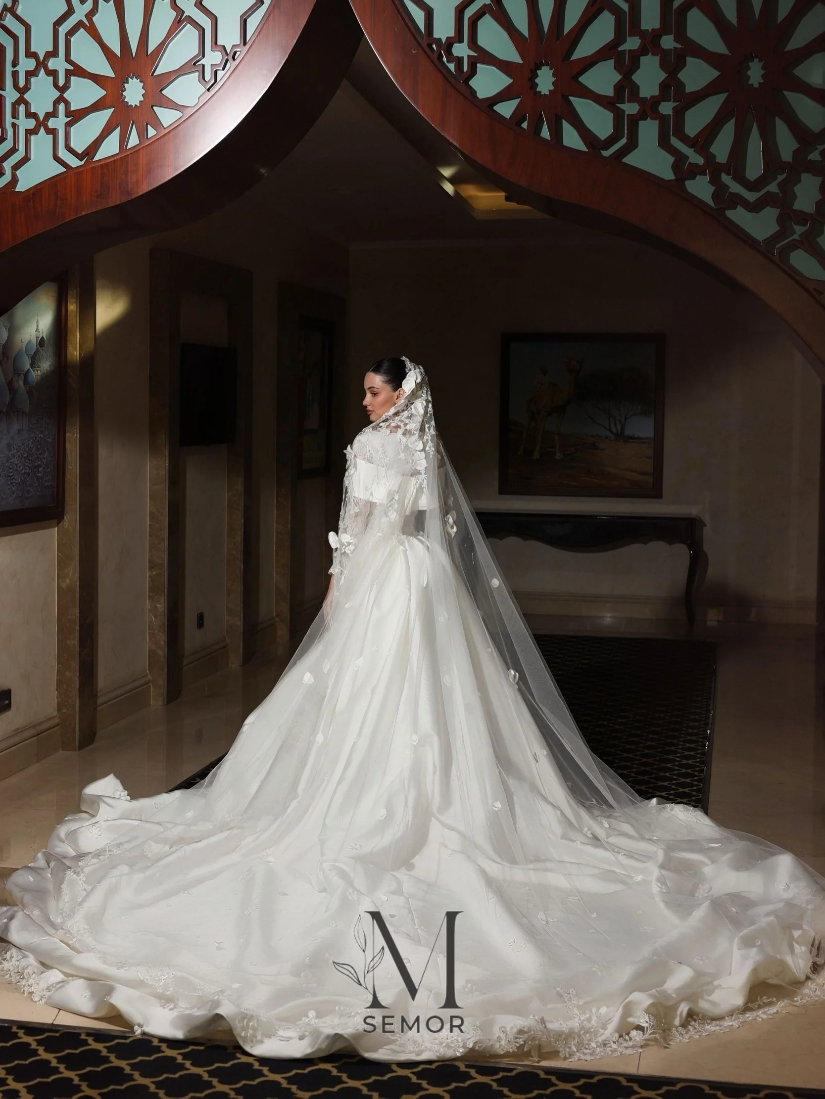 Semor Luxury Arabic Mermaid Wedding Dress Long Sleeve Lace 3D Floral Appliques Satin Bridal Gown Detachable Train Customized