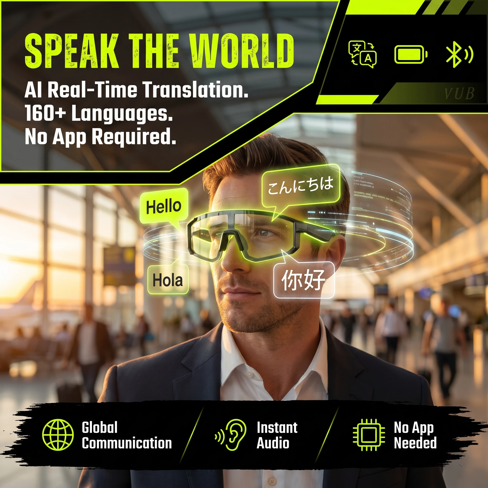 VUB Smart Cycling Glasses, Photochromic Lenses, Translation in Over 160 Languages, Bluetooth Open-Ear Sports Sunglasses