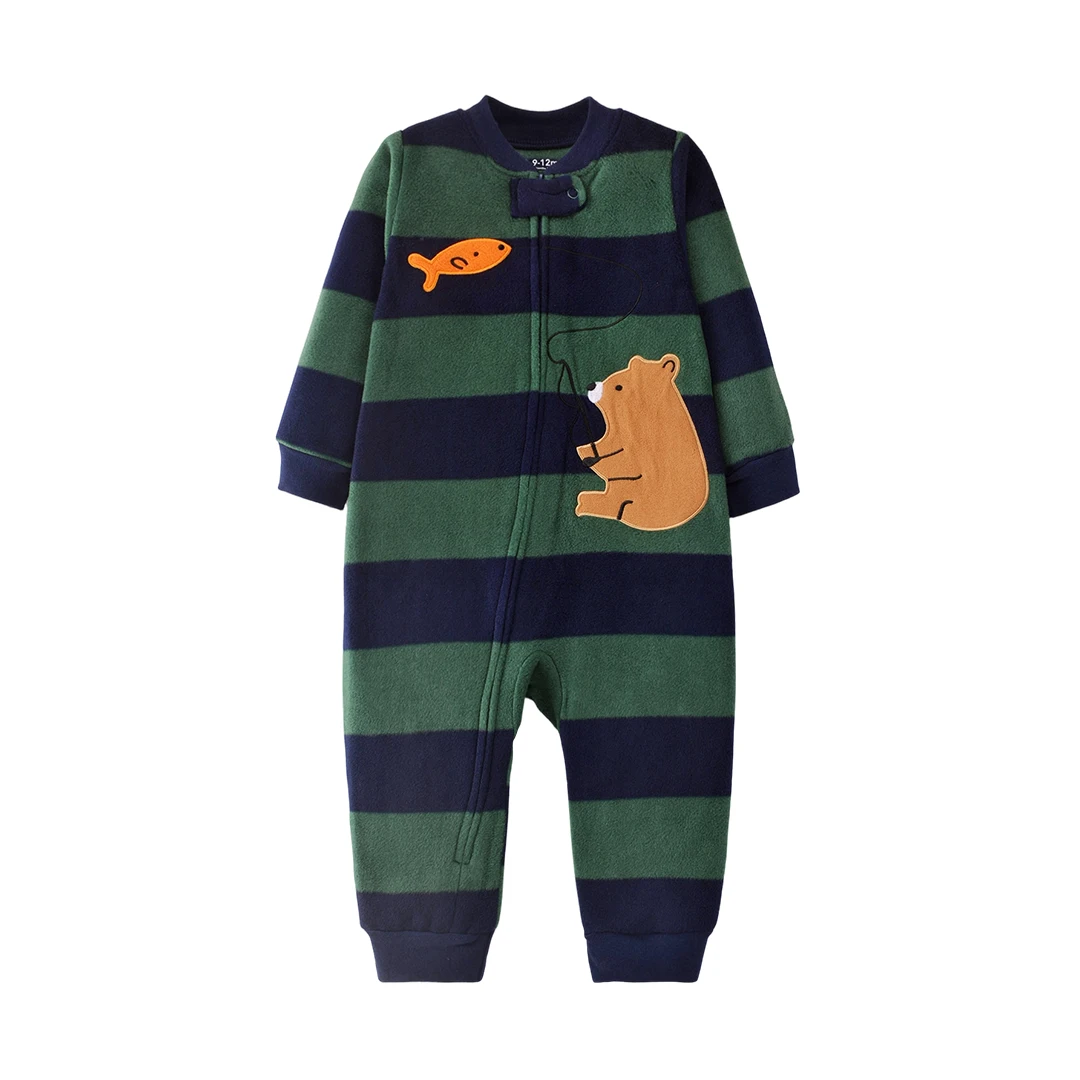 Gestreifter Raglan-Kontrastärmel-Polarfleece-Reißverschluss-Strampler für Kleinkinder, Cartoon-Stickerei, Warmer Herbst-Winter-Baby-Overall 12-24M – Detail 4