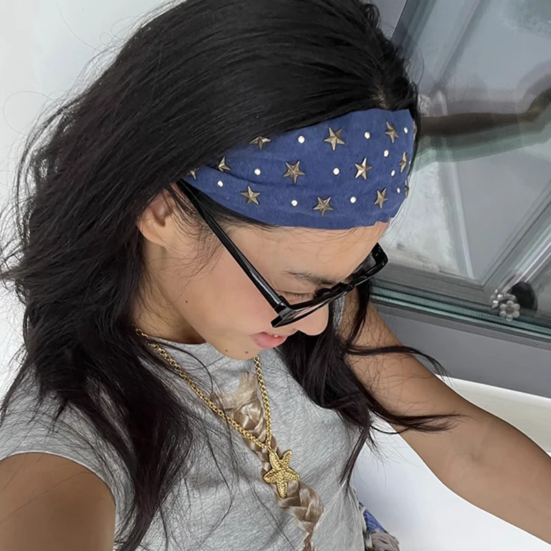 

Sweet Hair Accessories Colth Wide Star Rivet Headband Spicy Girl Y2K Wide Edge Hairband Headwear Face Wash Retro Hair Hoop Daily