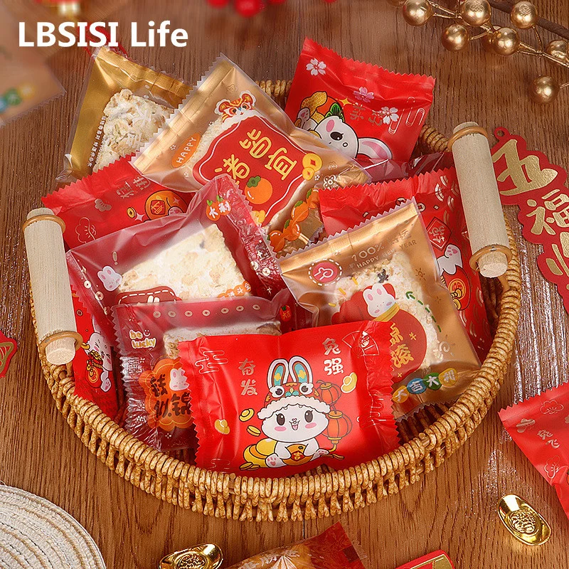 LBSISI Life 100pcs New Year Nougat Plastic Bags For Handmade Candy Cookie Packaging Chinese Spring Festival Party Decoration