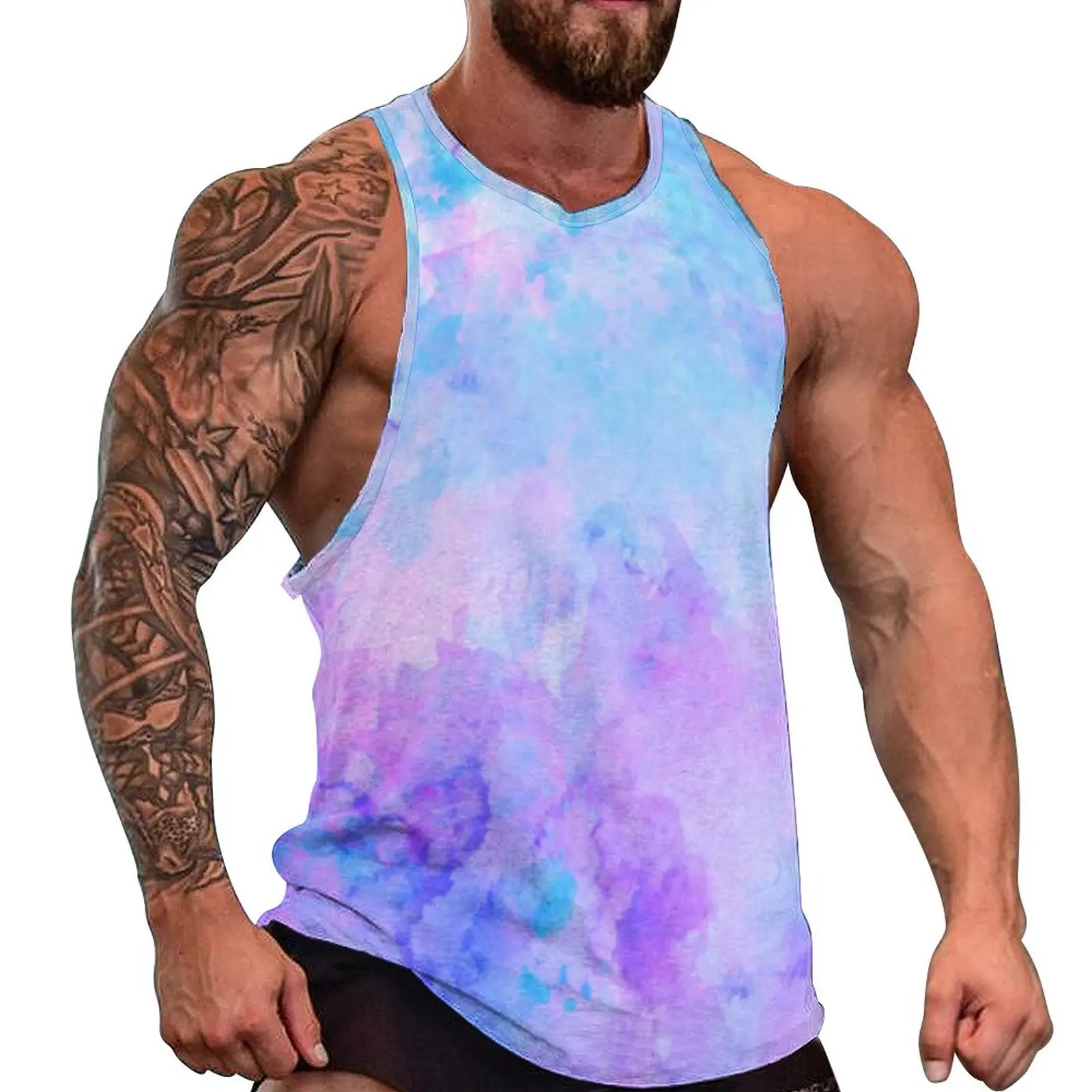 Purple Abstract Print Tank Top Mens Watercolor Splashes Bodybuilding Oversize Tops Beach Vintage Graphic Sleeveless Vests