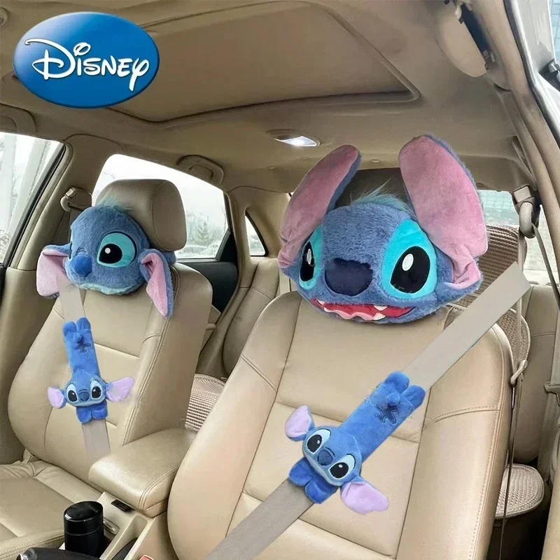 Disney Stitch Car Headrest Seat Neck Pillow Car Cute Plush Interior Accessories Cartoon Safety Belt Accessory