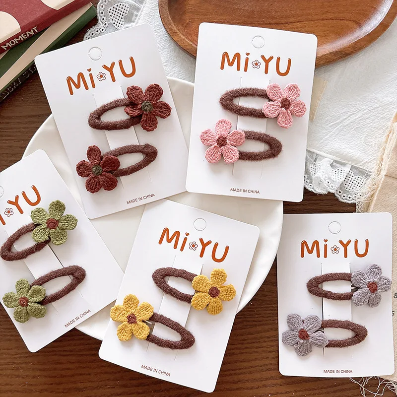 Hair Clips Kids Early Autumn Flower Wool Knit BB Clip White Dark Cute Bangs Fringe Accessories for Girls Standard Size Soft Cozy