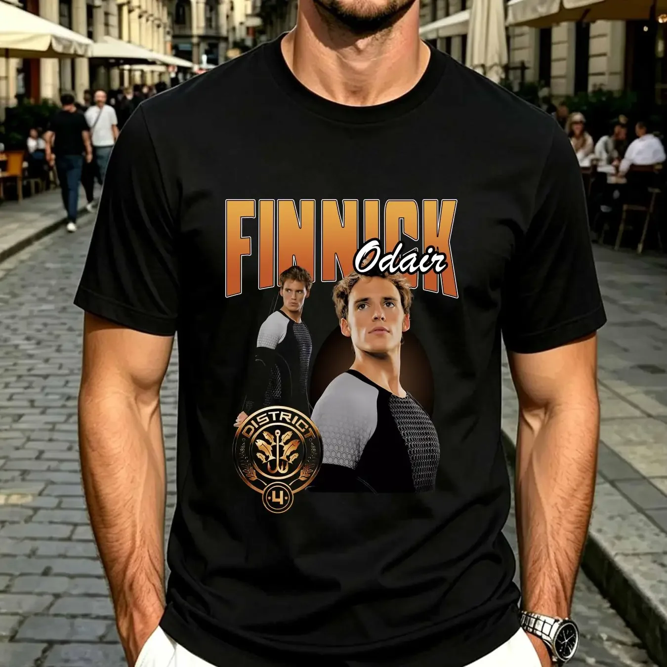 washed T Shirt Men's Hunger Games Finnick Odair Duo Photo Small Black long or short sleeves vintage Washed Versatile Unisex