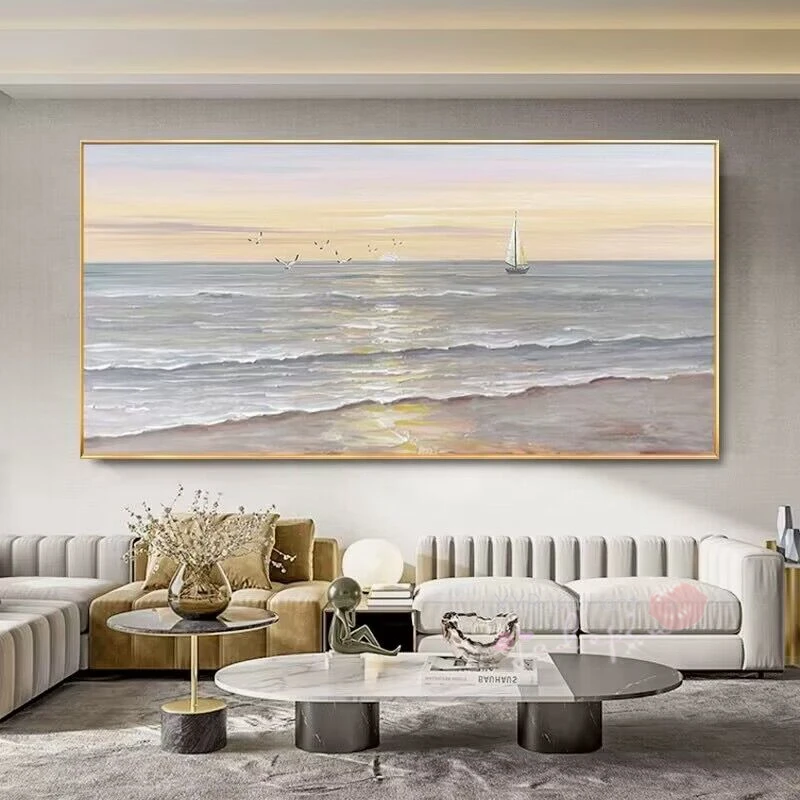 Blue Sea Sunset Sailing Boat Nordic Modern Abstract Pure Handmade Oil Painting Home Decoration Bedroom Restaurant Mural Painting