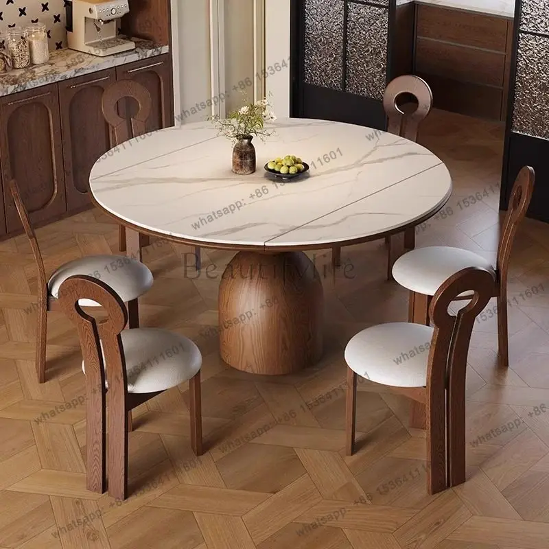 

Light luxury modern solid wood rock slab dining table, square and round dual-purpose medieval