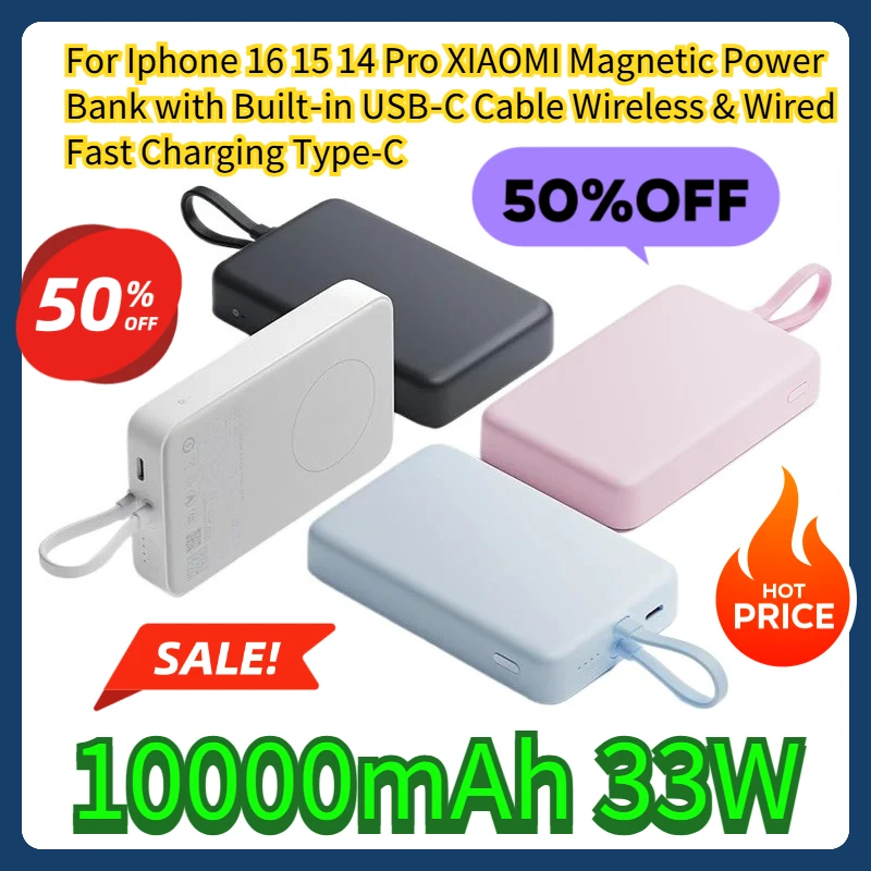 

For Iphone 16 15 14 Pro XIAOMI 10000mAh 33W Magnetic Power Bank with Built‑in USB‑C Cable Wireless & Wired Fast Charging Type-C
