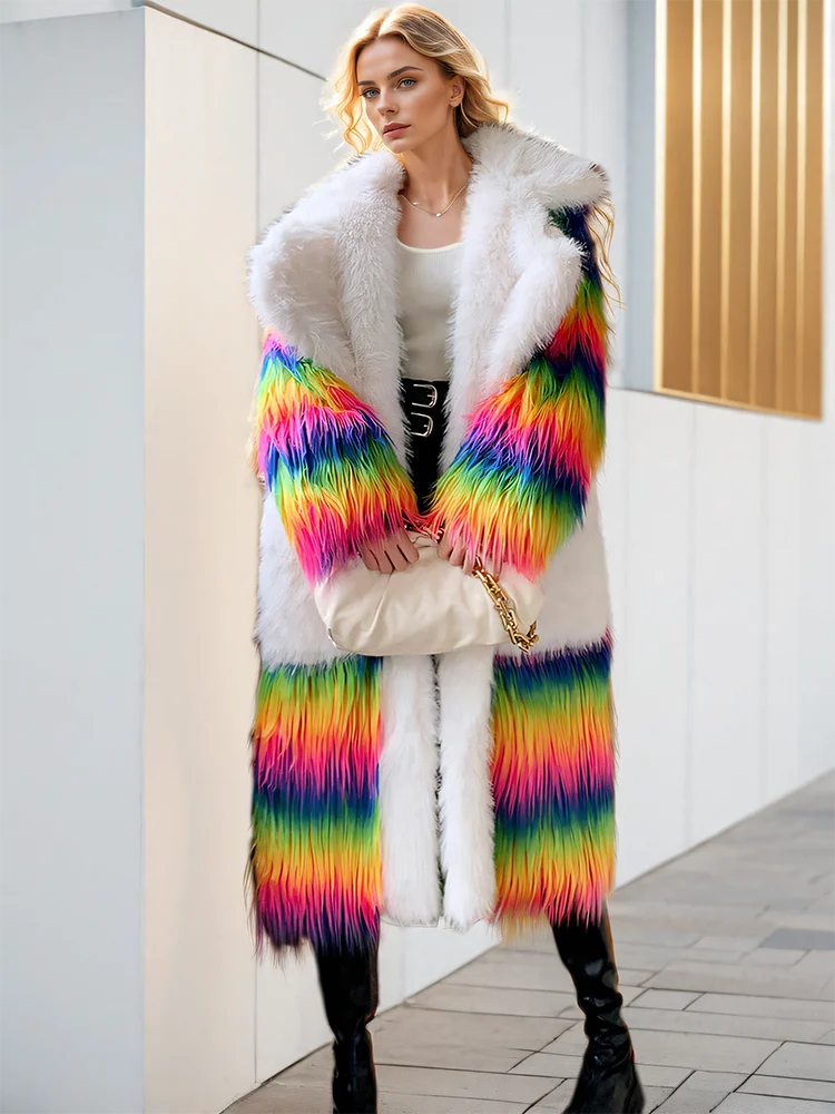 DEAT Fashion Women\'s Faux Fur Coat Lapel Rainbow Colored Long Sleeves Loose Fit Thick Warm Jackets Winter 2024 New Tide 7AB5092