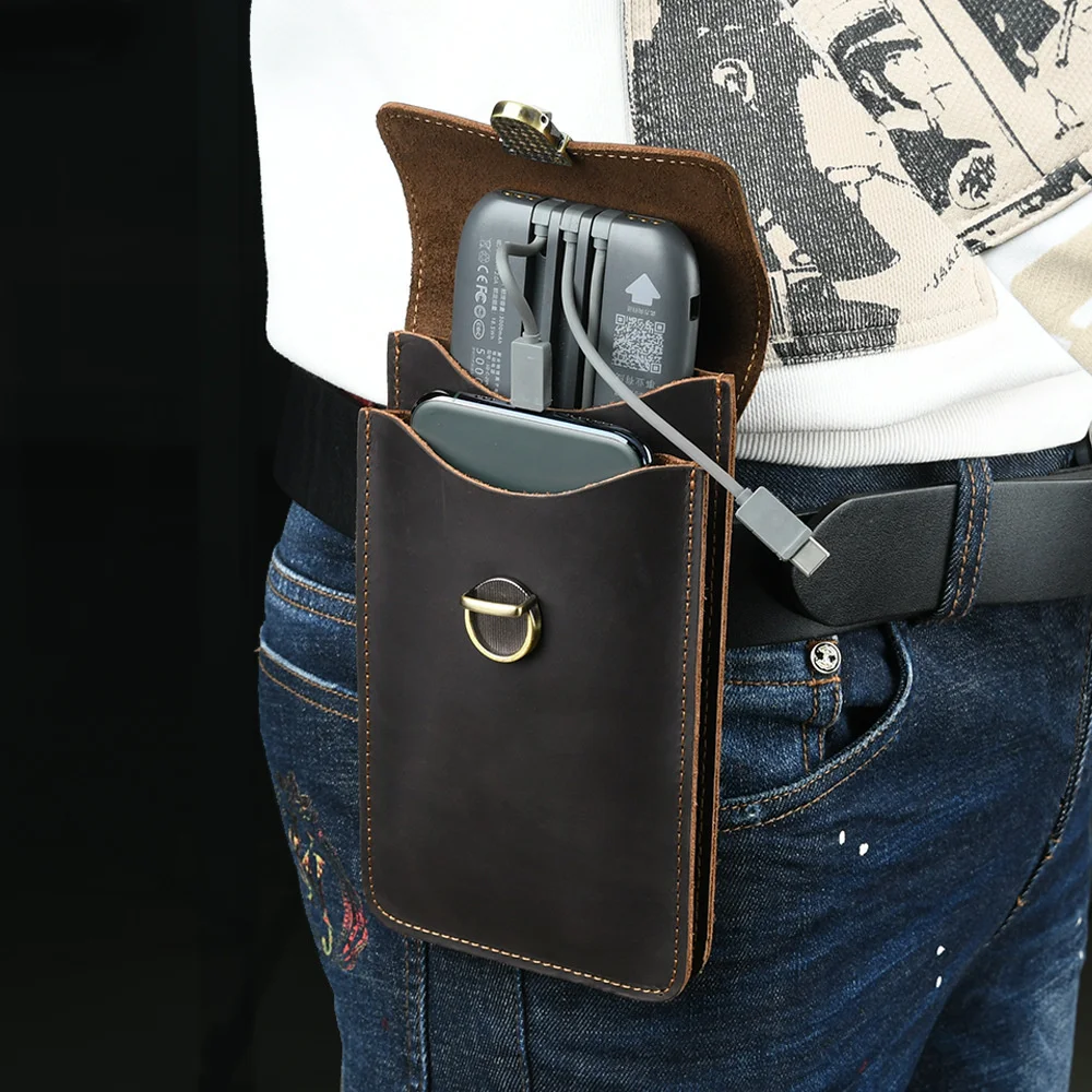 Crazy Horse Genuine Leather Men Fanny Pack Fashion Small Waist Bag Top Quality Hip Belt Waist Packs Brand Cell Phone Bag