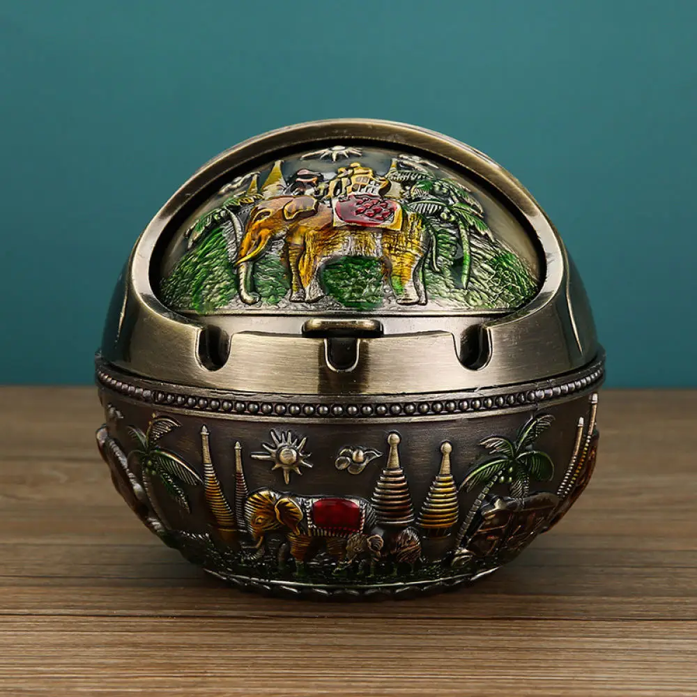 Artistic Metal Ashtray With Lid Windproof Desktop Decoration Creative Home Office Ornament Unique Craft Gift