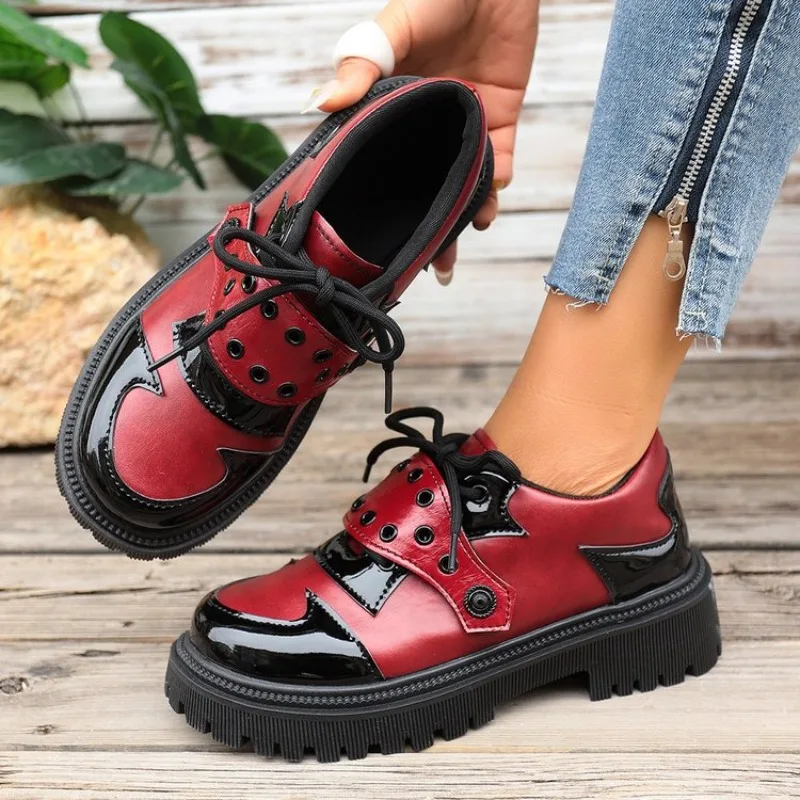 Platform Oxford Shoes Women Comfortable Plus Size 43 Lace Up Pu Leather Shoes Woman Red Thick Sole Loafers - view 2