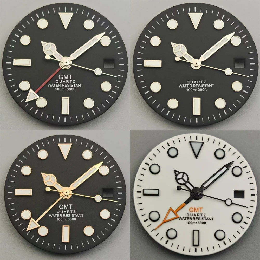 BLIGER 29mm GMT Quartz Watch Dial Black White Dial Green Luminous Fit RONDA 515/RONDA 515-24H Quartz Movement Watch Parts