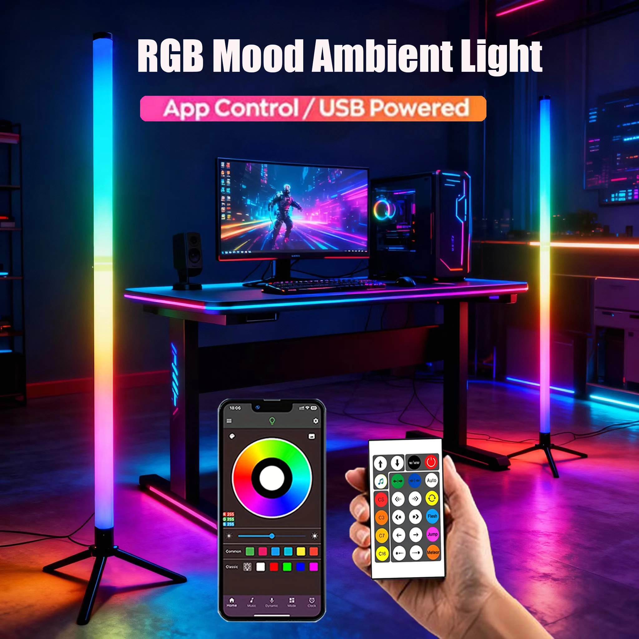 RGB LED Corner Floor Lamp with APP and Remote Control LED Floor Ambient Lights with 16 Million DIY Colors Atmosphere Light