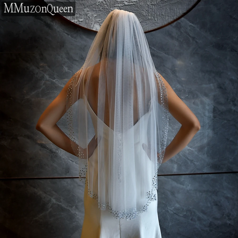 MMQ M38 Wedding Veil With Silver Rhinestones Off-White 100cm Bridal Veil 1 Tier Fingertip Length Solf Tull Veil With Comb