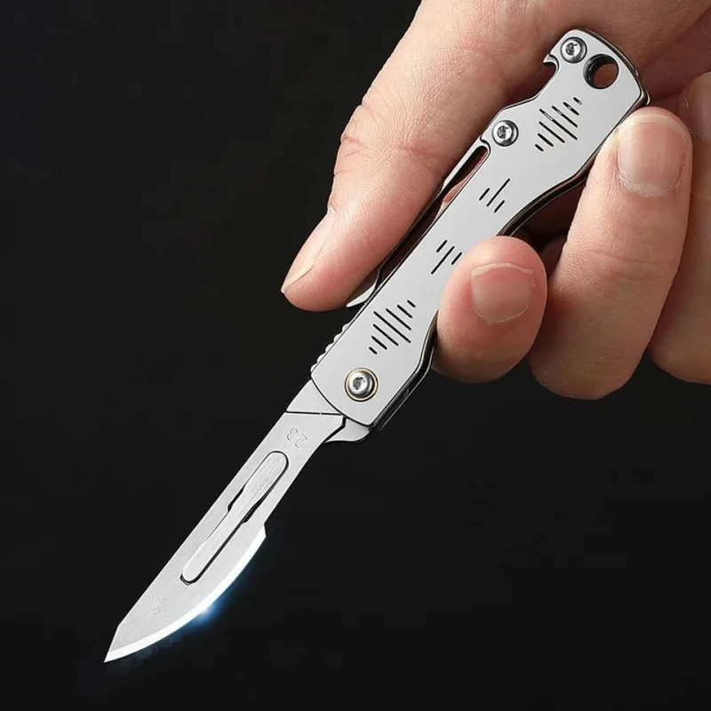 Portable Stainless Steel Utility Knife with Replaceable Blade Bottle Opener Key Chain Pendant Sharp Camping Tool Box Opener