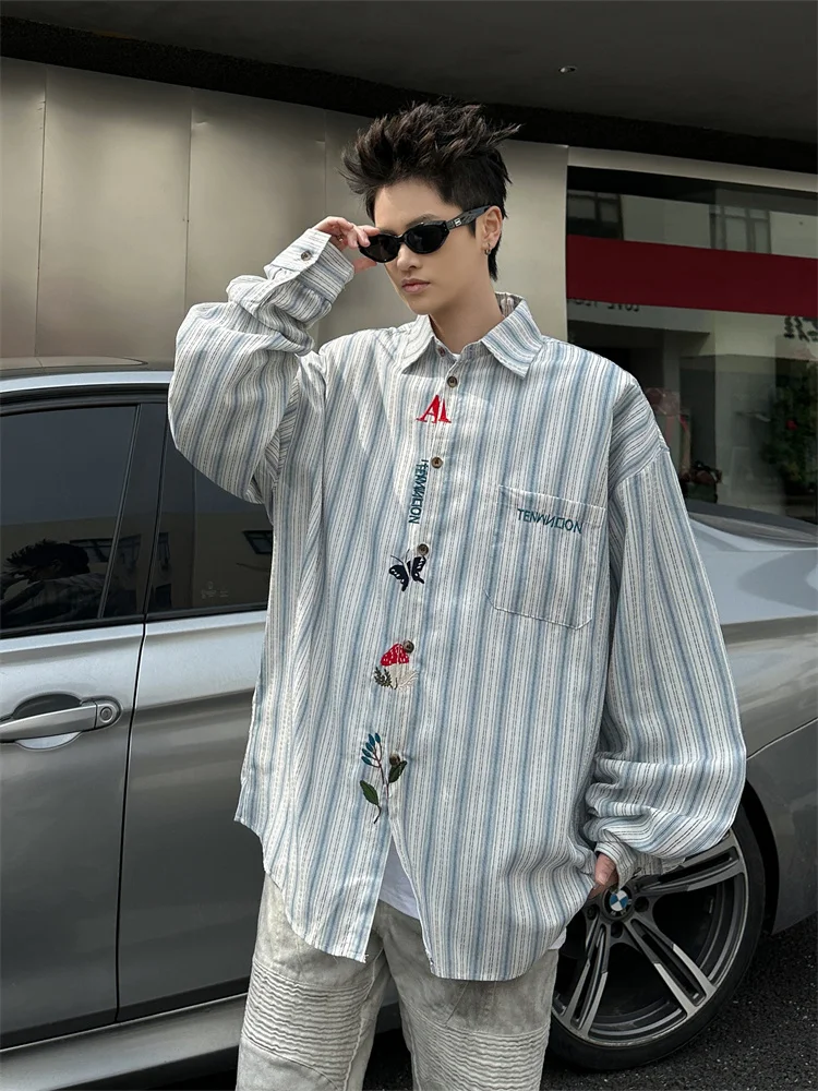 

Retro American Striped Long Sleeve Men's Shirt Early Spring 2026 New Embroidery Personality Artistic Ice Silk Sun Protection ...