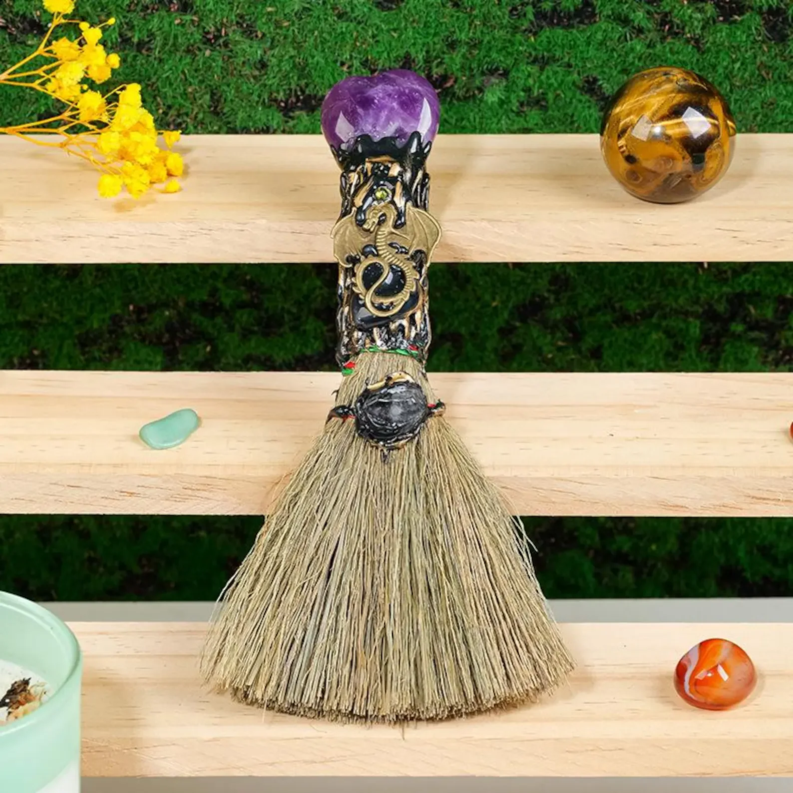 Mini Witch Broom with Crystal, Amethyst Rose Quartz Opalite, Witchy Altar Decor, Mystical Figurine, Gift