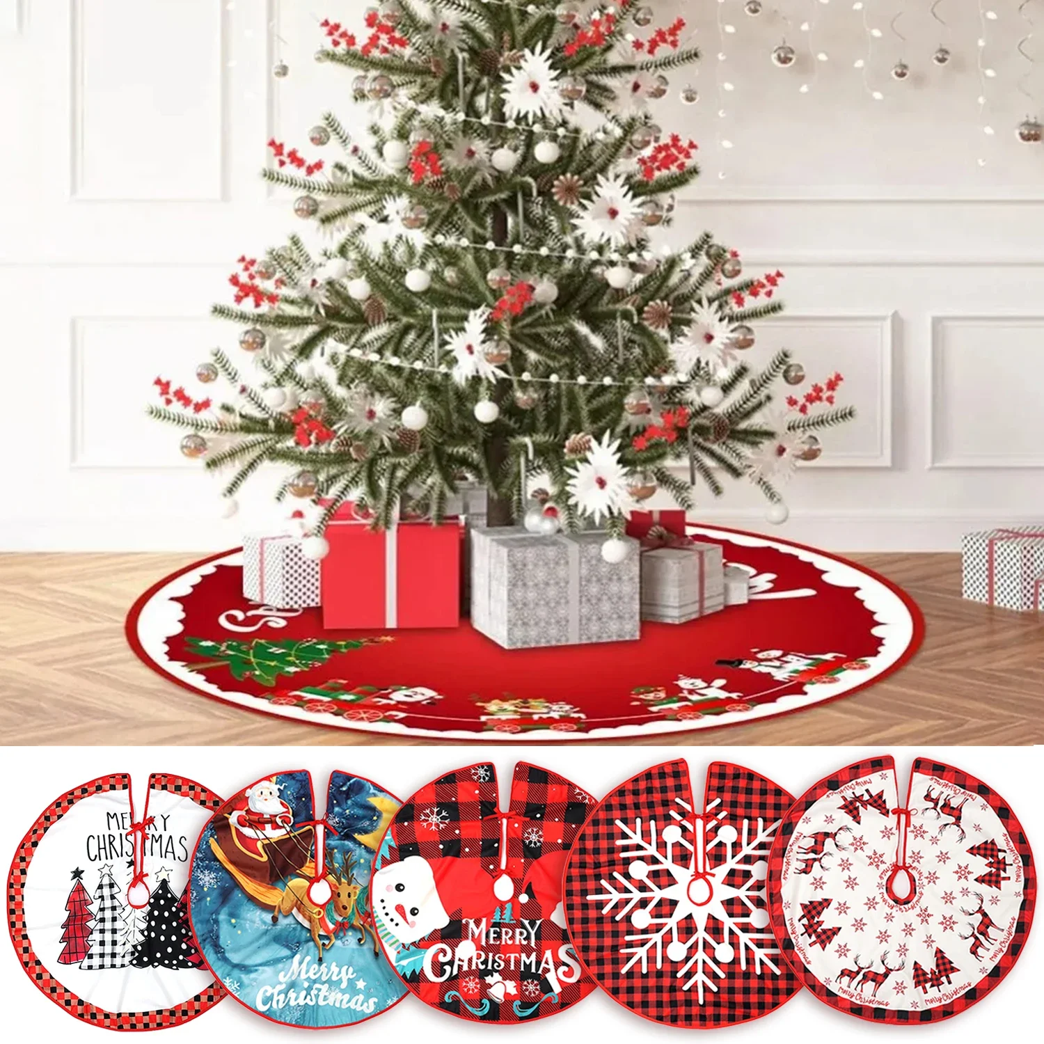 Christmas Tree Skirt Santa Claus Snowflake Red Check Pattern Xmas Tree Foot Cover New Year Festival Carpet Base Mat Party Decor