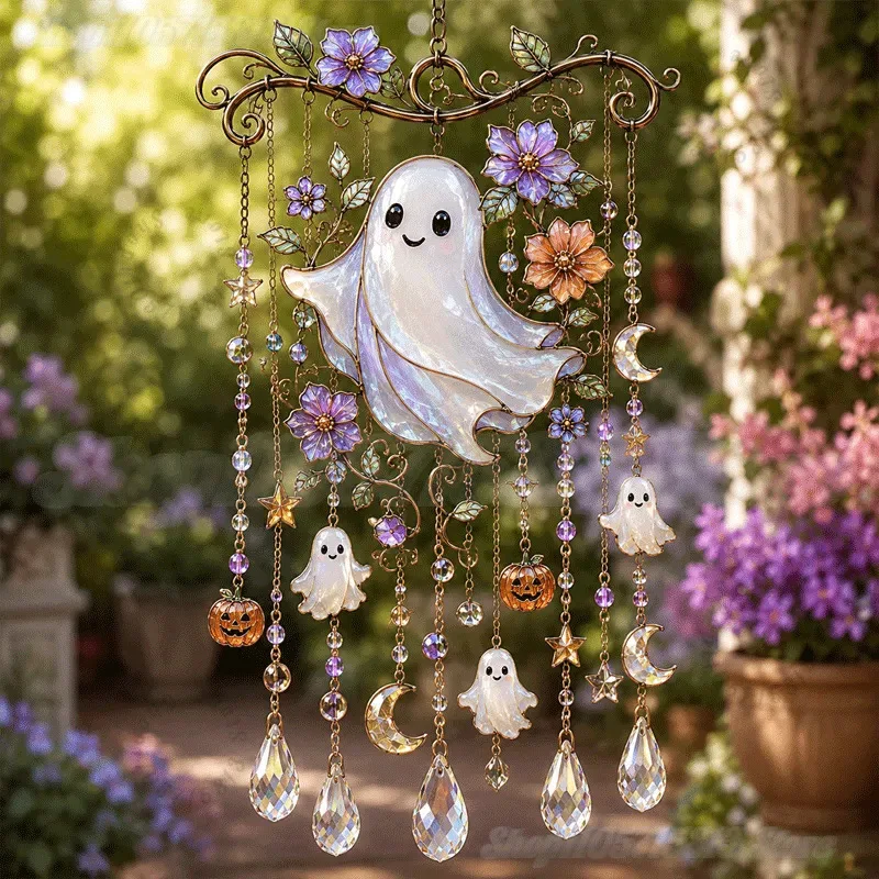 Halloween Ghost Floral Suncatcher Wind Chime Crystal Window Hanging Ornament Dark Cottagecore Witchy Halloween Decor Gift