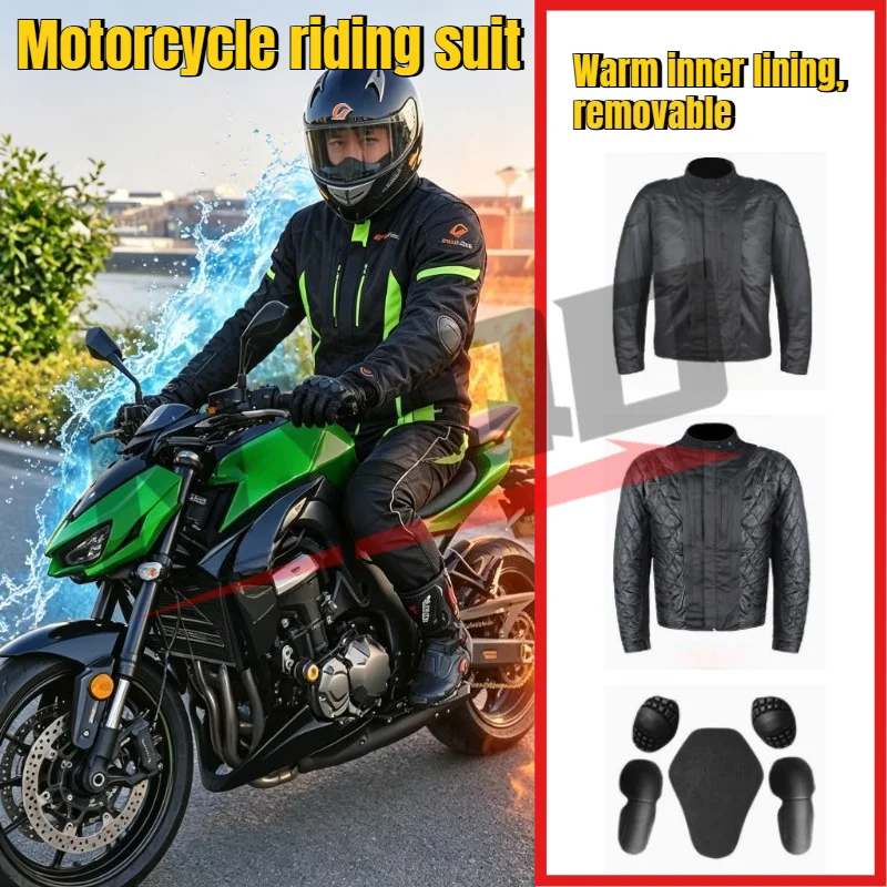 Winter Motorcycle Jacket Motorbike Waterproof Riding Armor Coat with 5pcs Protective Pads and Detachable Thick Warm Lining
