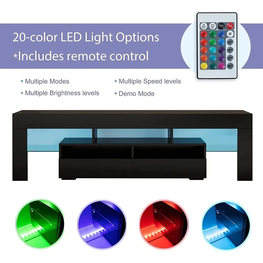 LED Light TV Stand for 55/60/65 inch TV, Modern Gloss Entertainment Center with Drawer and Glass Open Shelf, TV Console Table image 2