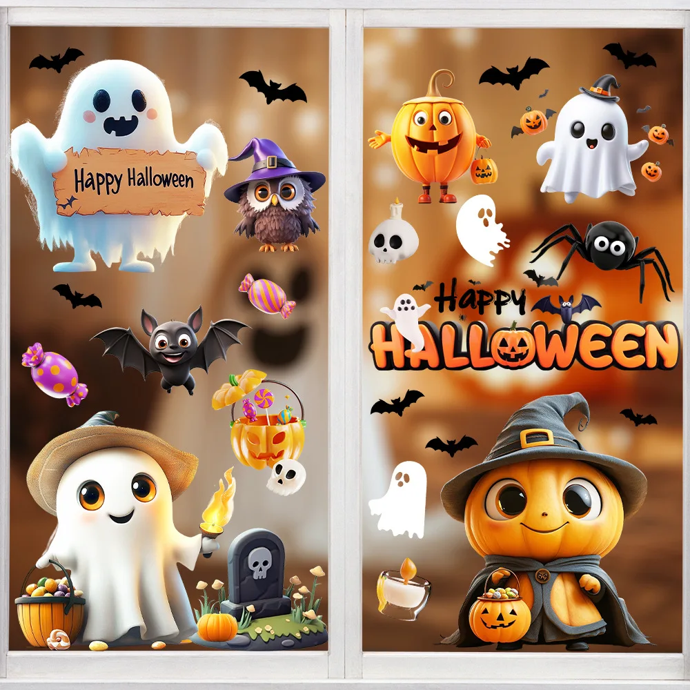 

Halloween cartoon cute little white pumpkin bat window sticker restaurant glass door and window electrostatic sticker