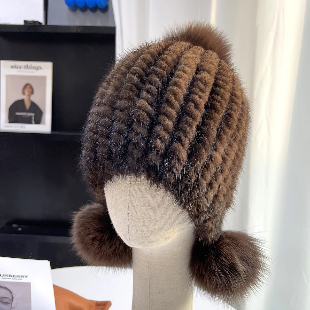 Winter Knitted Cap Real Mink Fur Hat For Women Knitted Mink Ear Warm Cap The Spiral Beanies Cap With Fox Fur Pompom On The Top