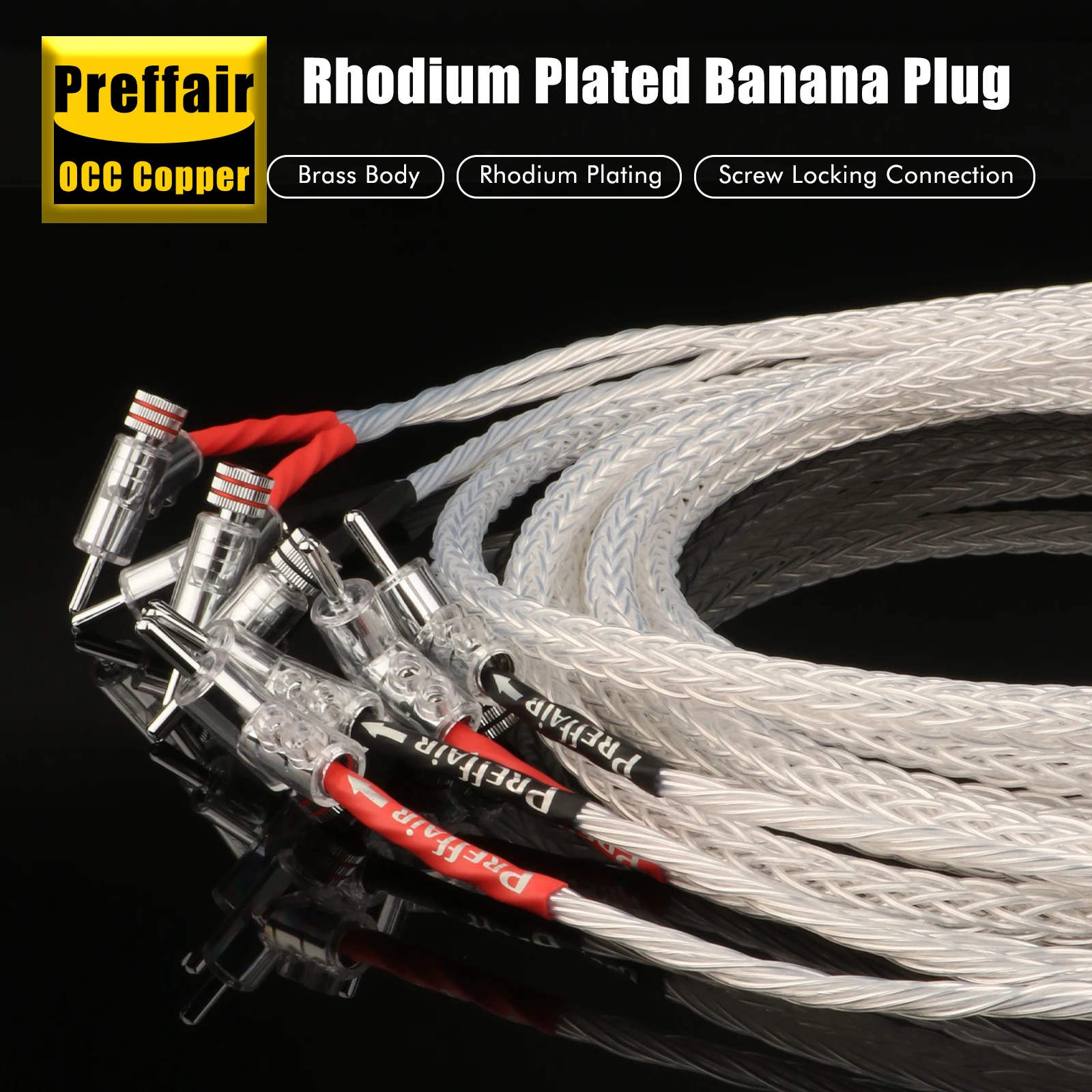 Preffair HI-End 8AG silver Plated HIFI LoudSpeaker Cables with Rhodium Locking Banana plugs 1 Pair for Speakers/Subwoofers/Amp