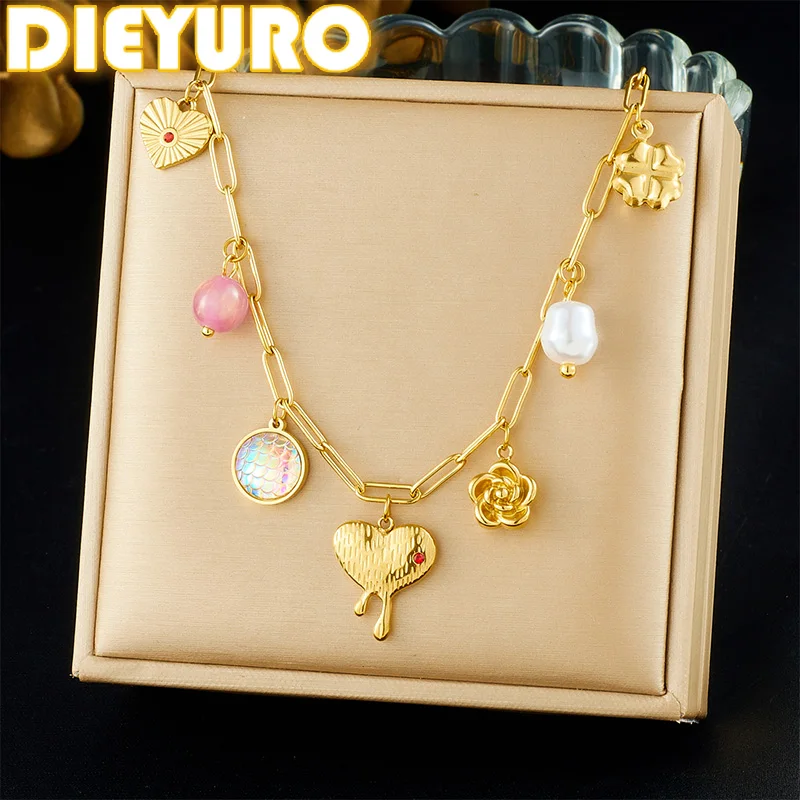 DIEYURO 316L Stainless Steel Golden Lava Heart Rose Crystal Pearl Pendant  Necklace Lady Luxury Waterproof Neck Chain Jewelry