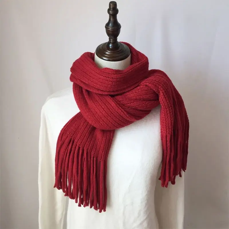 Scarf Women Winter Student Korean New Knitted Couple Thickened Warm Wool Female Solid Color Tassel Scarf 200x40cm