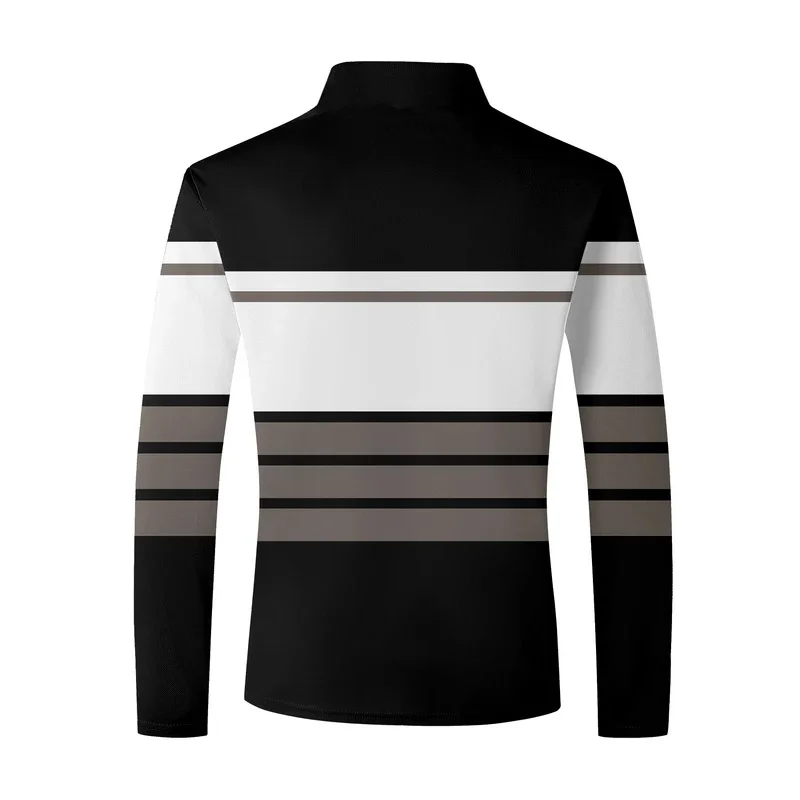 Men's spring and autumn long-sleeved casual zip-up shirt, men's polo, charming color top, pleated lapel, sports golf polo
